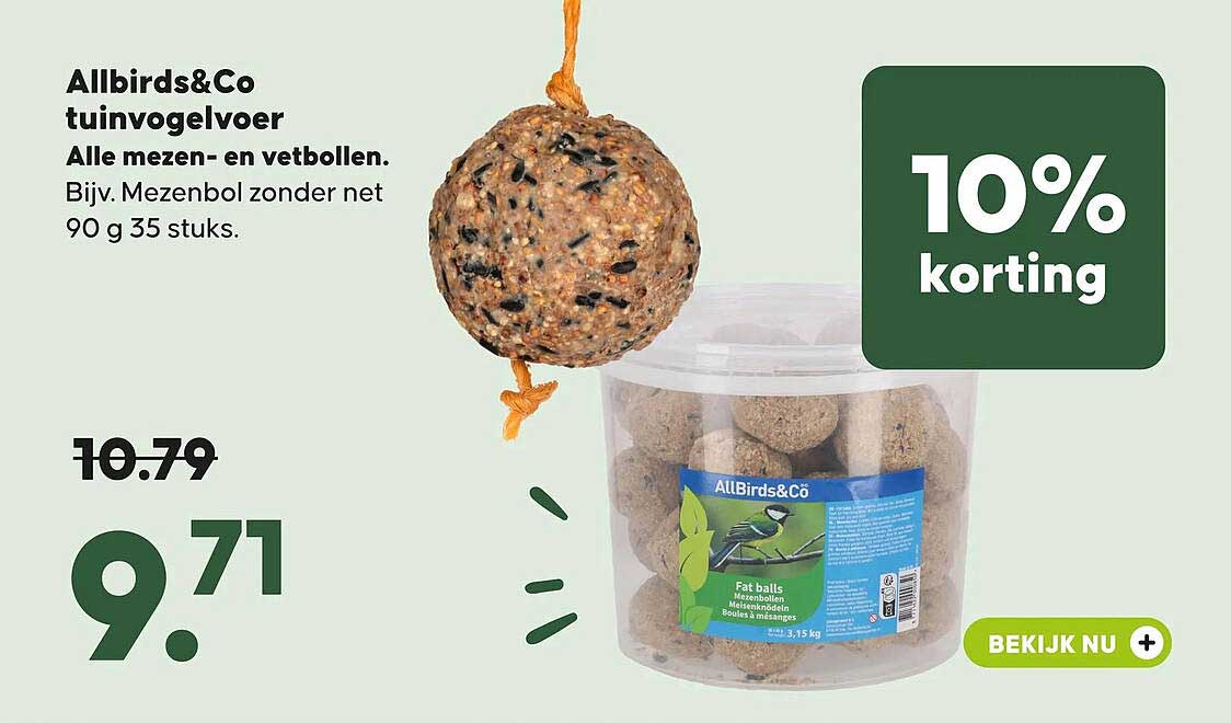 Allbirds&Co tuinvogelvoer Alle mezen- en vetbollen. Bijv. Mezenbol zonder net 90 g 35 stuks. 10% korting