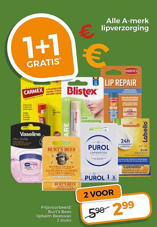 Alle A-merk lipverzorging 1+1 gratis 2 voor
