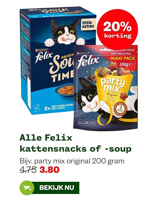 Alle Felix kattensnacks of -soup 20% korting