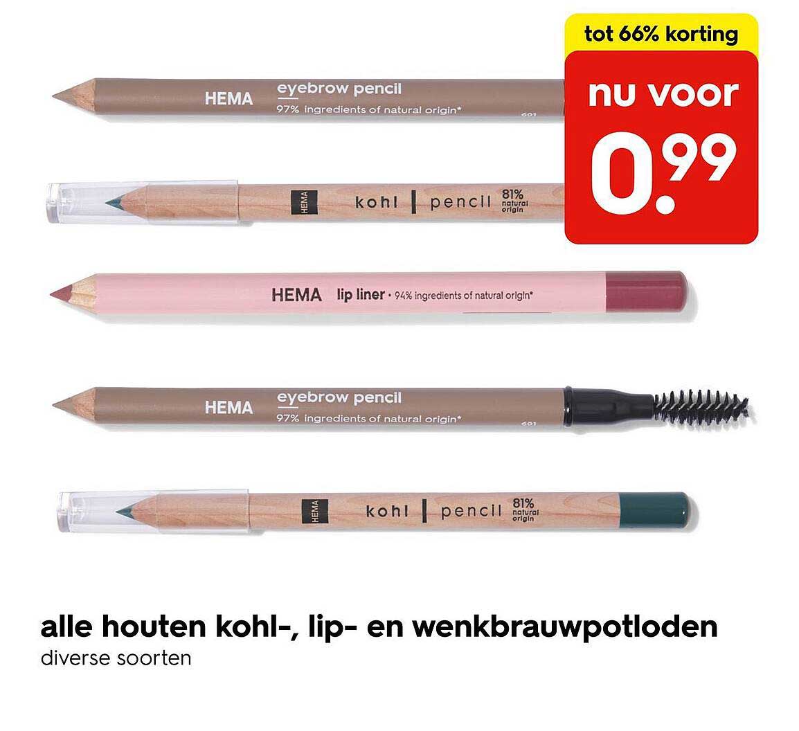 alle houten kohl-, lip- en wenkbrauwpotloden diverse soorten
