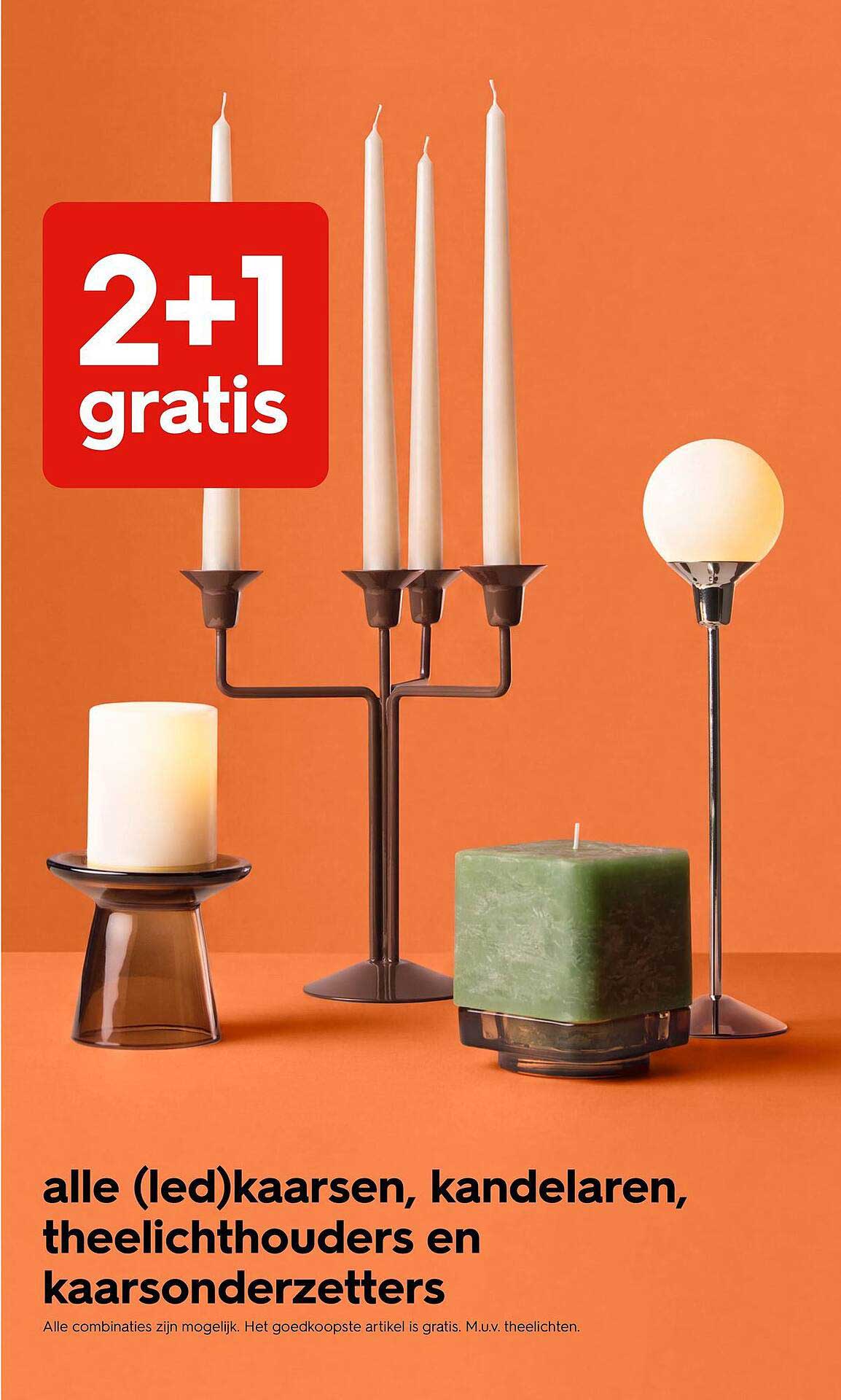 alle (led)kaarsen, kandelaars, theelichthouders en kaarsonderzetters 2+1 gratis