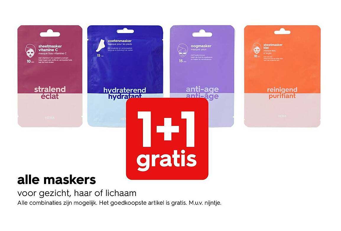 alle maskers voor gezicht, haar of lichaam 1+1 gratis