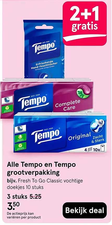 Alle Tempo en Tempo grootverpakking bijv. Fresh To Go Classic vochtige doekjes 10 stuks 2+1 gratis