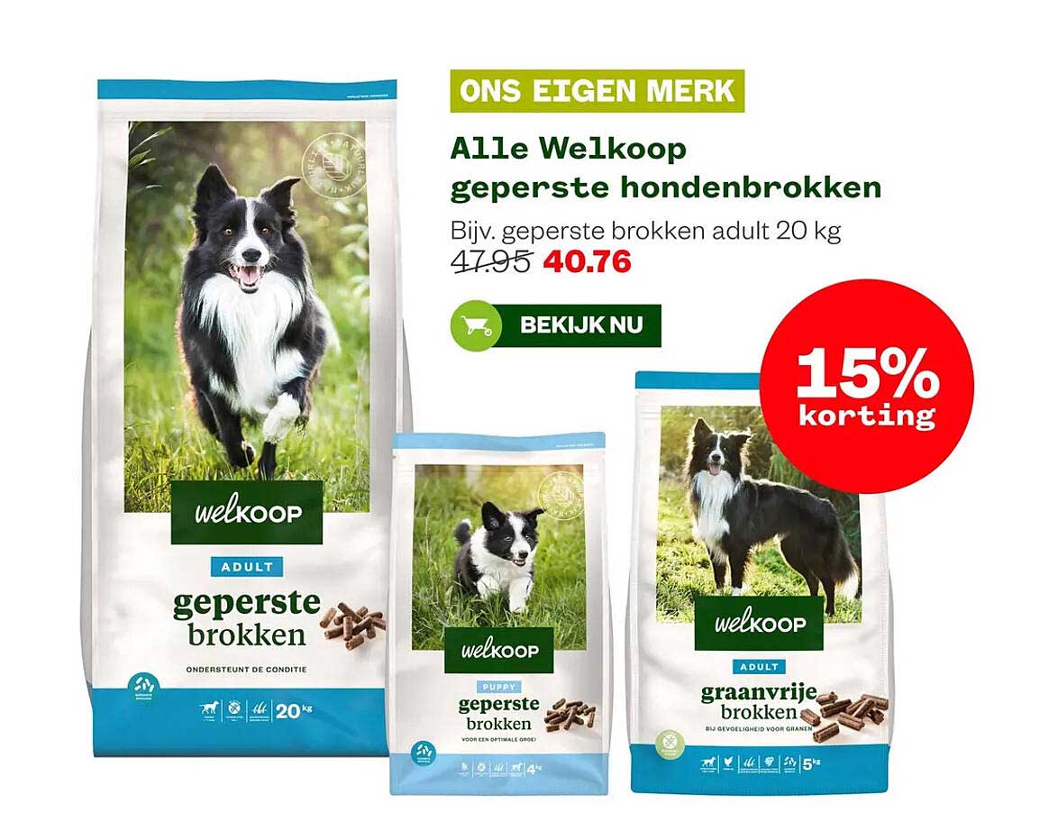 Alle Welkoop geperste hondenbrokken 15% korting