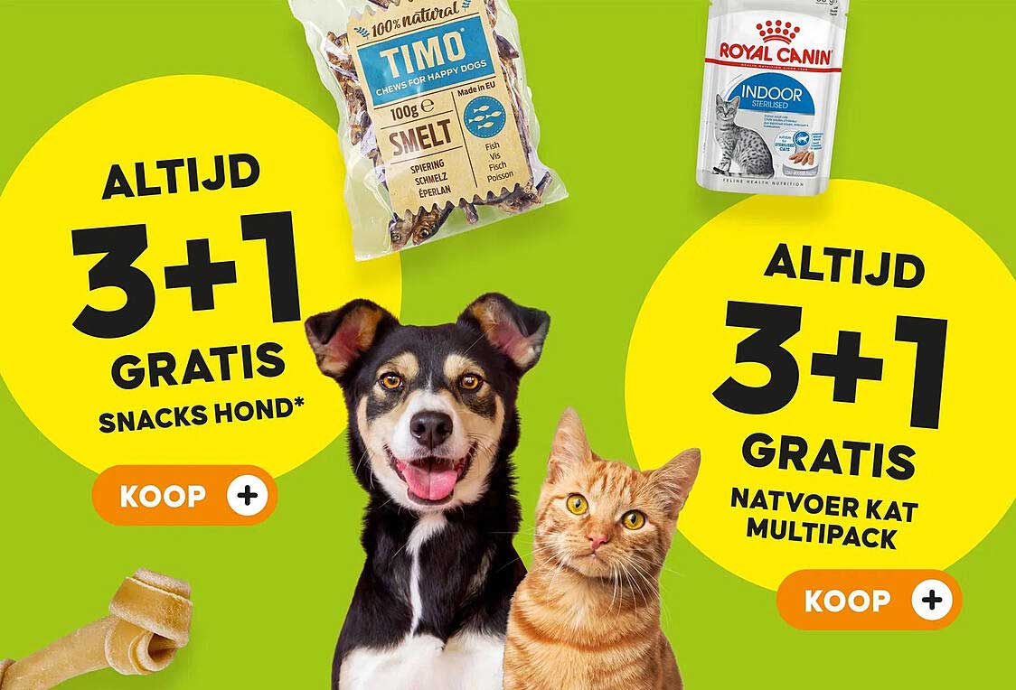 ALTIJD 3+1 GRATIS SNACKS HOND*