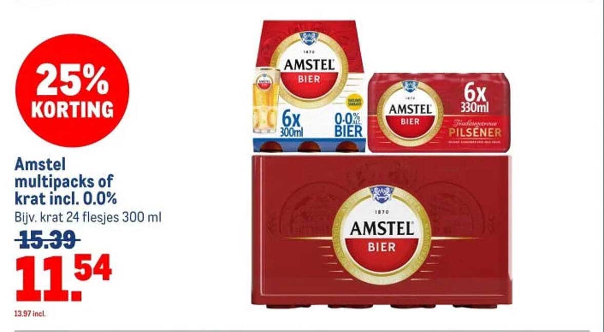 Amstel multipacks of krat incl. 0.0% 25% KORTING