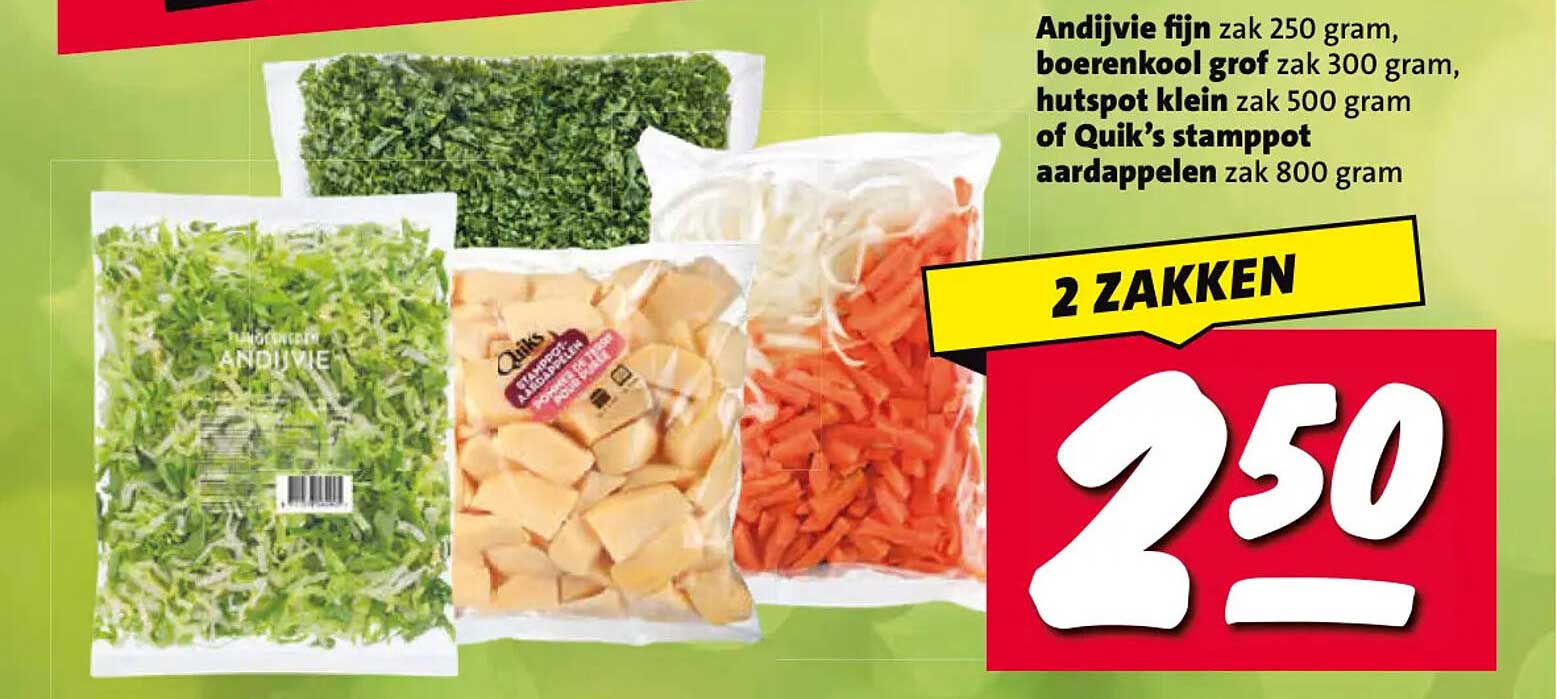 Andijvie fijn zak 250 gram, boerenkool grof zak 300 gram, hutspot klein zak 500 gram of Quik’s stamppot aardappelen zak 800 gram 2 ZAKKEN