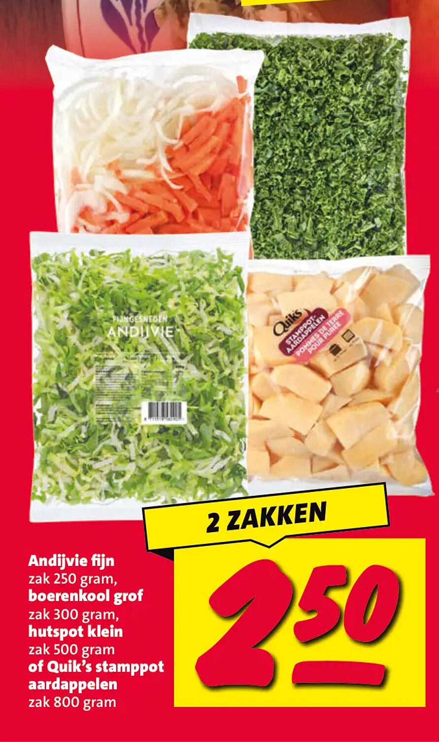 Andijvie fijn zak 250 gram, boerenkool grof zak 300 gram, hutspot klein zak 500 gram of Quik’s stamppot aardappelen zak 800 gram 2 ZAKKEN