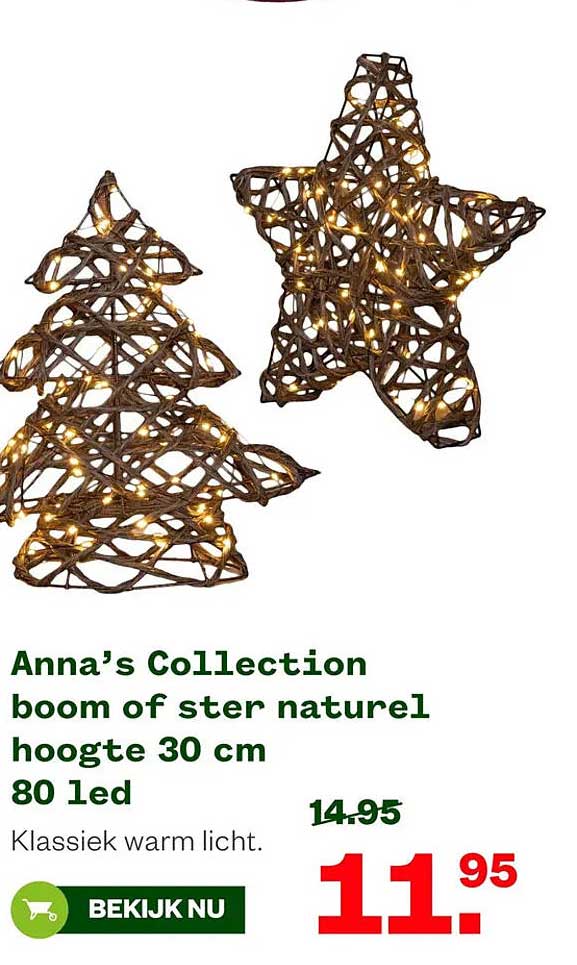 Anna’s Collection boom of ster naturel hoogte 30 cm 80 led
