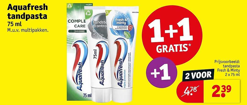 Aquafresh tandpasta 75 ml 1+1 GRATIS*
