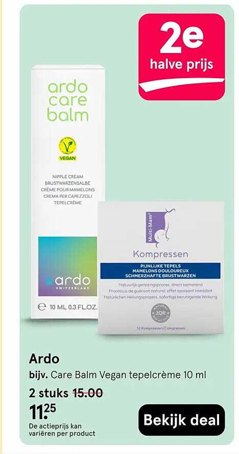 Ardo bijv. Care Balm Vegan tepelcrème 10 ml 2e halve prijs