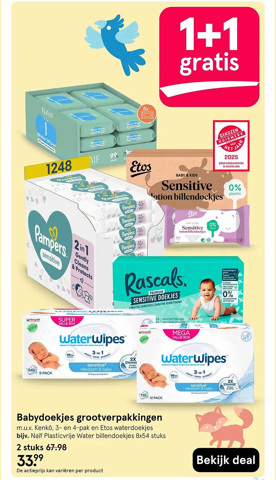 Babydoekjes grootverpakkingen 1+1 gratis