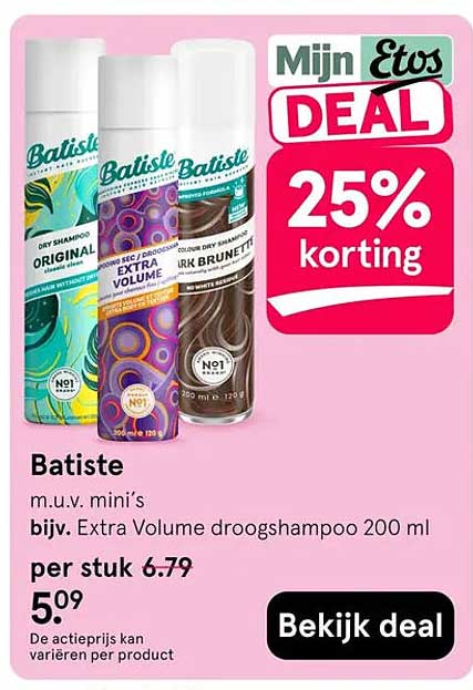 Batiste m.u.v. mini's bijv. Extra Volume droogshampoo 200 ml 25% korting