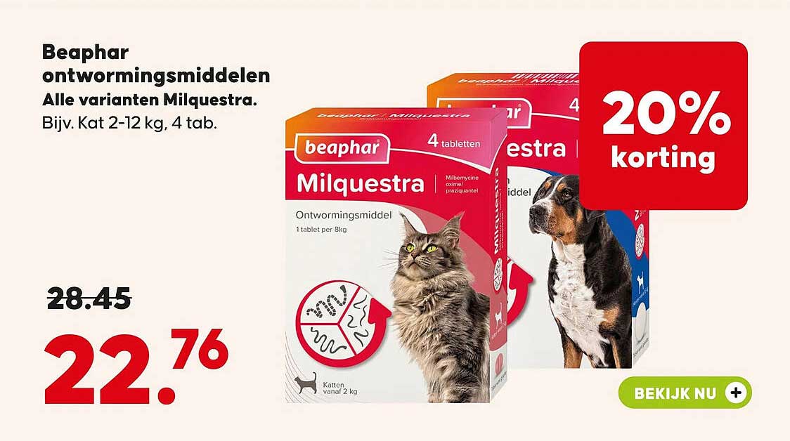 Beaphar ontwormingsmiddelen Alle varianten Milquestra. Bijv. Kat 2-12 kg, 4 tab. 20% korting