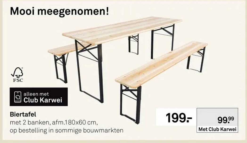 Biertafel met 2 banken, afm.180x60 cm, op bestelling in sommige bouwmarkten