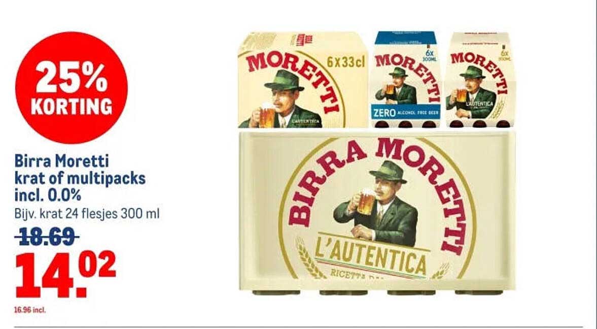 Birra Moretti krat of multipacks incl. 0.0% 25% KORTING