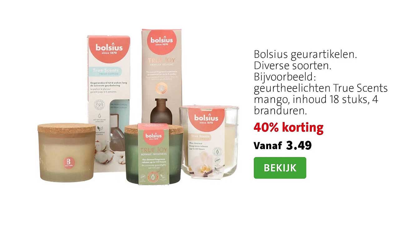 Bolsius geурartikelen. Diverse soorten. Bijvoorbeeld: geurtheelichten True Scents mango, inhoud 18 stuks, 4 branduren.