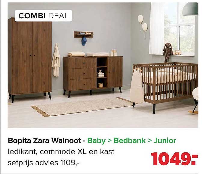 Bopita Zara Walnoot - Baby > Bedbank > Junior ledikant, commode XL en kast setprijs advies 1109,- COMBI DEAL