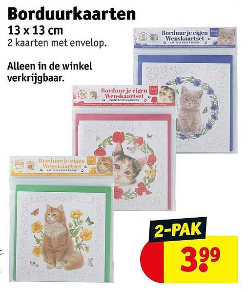 Borduurkaarten 13 x 13 cm 2 kaarten met envelop. Alleen in de winkel verkrijgbaar. 2-PAK