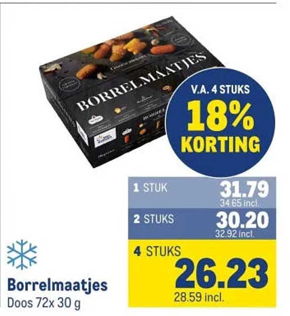Borrelmaatjes Doos 72x 30 g V.A. 4 STUKS 18% KORTING