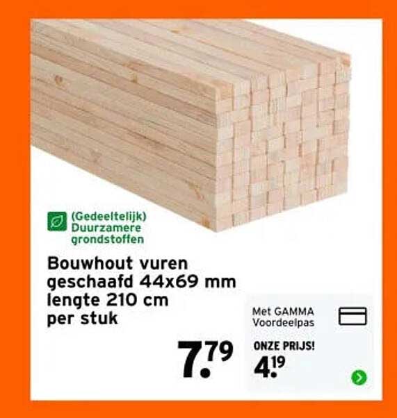 Bouwhout vuren geschaafd 44x69 mm lengte 210 cm per stuk