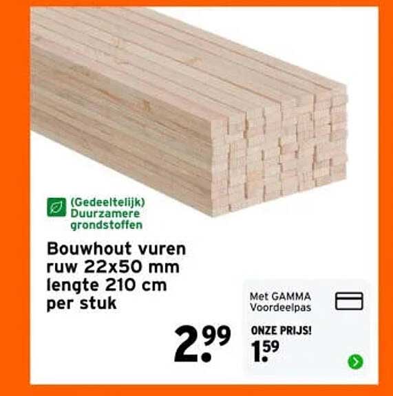 Bouwhout vuren ruw 22x50 mm lengte 210 cm per stuk