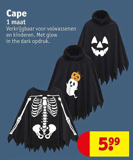 Cape 1 maat Verkrijgbaar voor volwassenen en kinderen. Met glow in the dark opdruk.