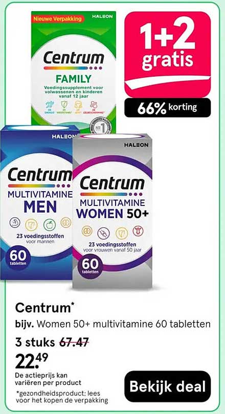 Centrum* bijv. Women 50+ multivitamine 60 tabletten 1+2 gratis