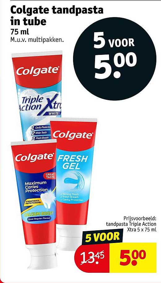 Colgate tandpasta in tube 75 ml M.u.v. multipakken. 5 voor 5.00