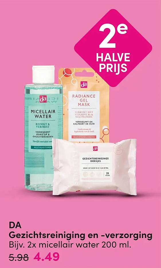 DA Gezichtsreiniging en -verzorging Bijv. 2x micellair water 200 ml. 2e halve prijs