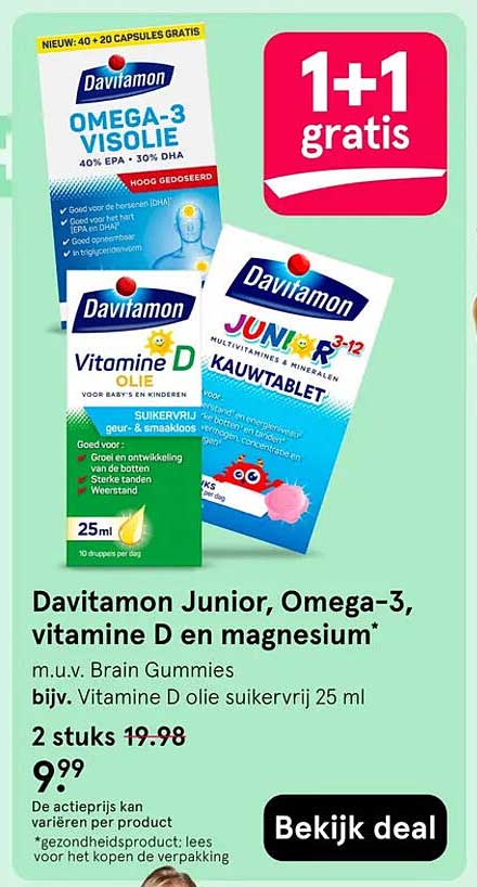 Davitamon Junior, Omega-3, vitamine D en magnesium* 1+1 gratis