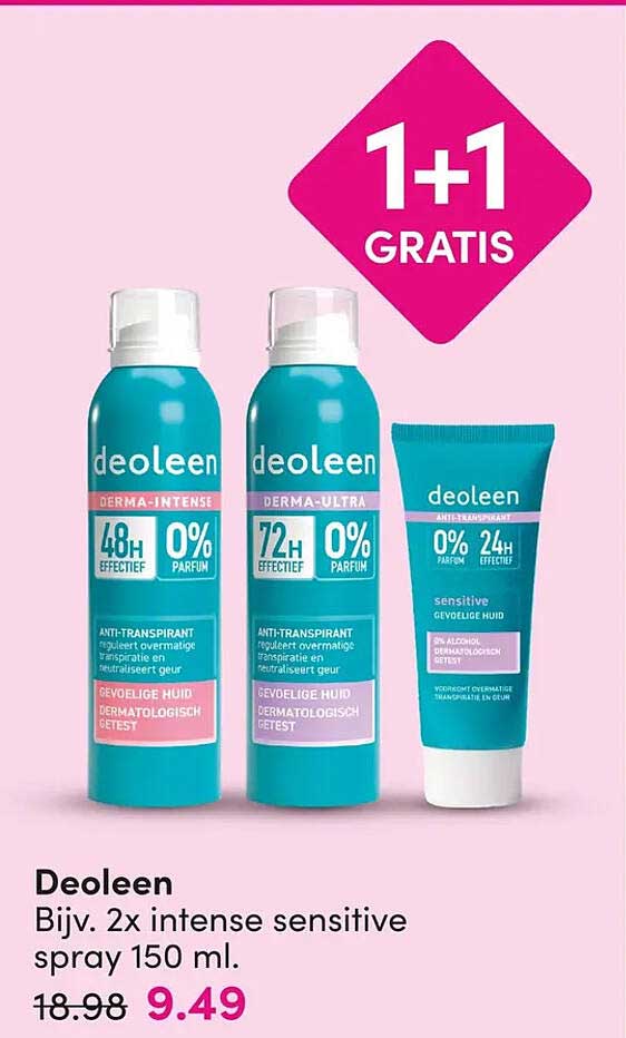 Deoleen Bijv. 2x intense sensitive spray 150 ml. 1+1 GRATIS