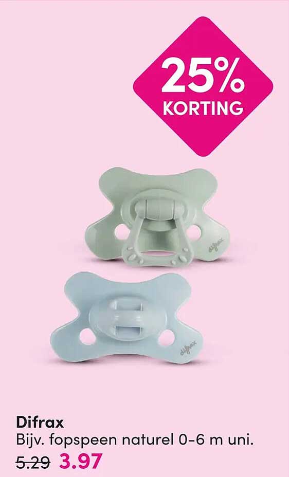 Difrax Bijv. fopspeen naturel 0-6 m uni. 25% KORTING
