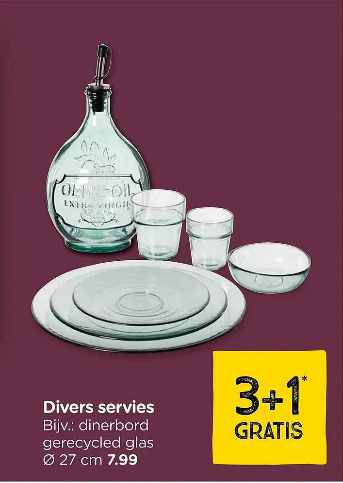 Divers servies Bijv.: dinerbord gerecycled glas Ø 27 cm 7.99 3+1 GRATIS