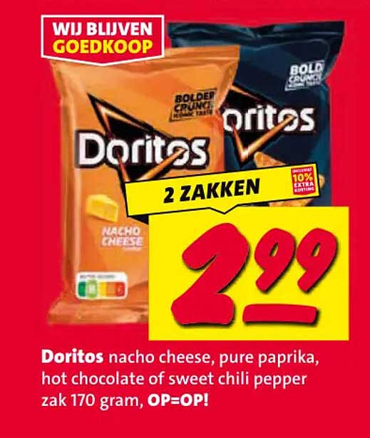 Doritos nacho cheese, pure paprika, hot chocolate of sweet chili pepper zak 170 gram, OP=OP! 2 ZAKKEN