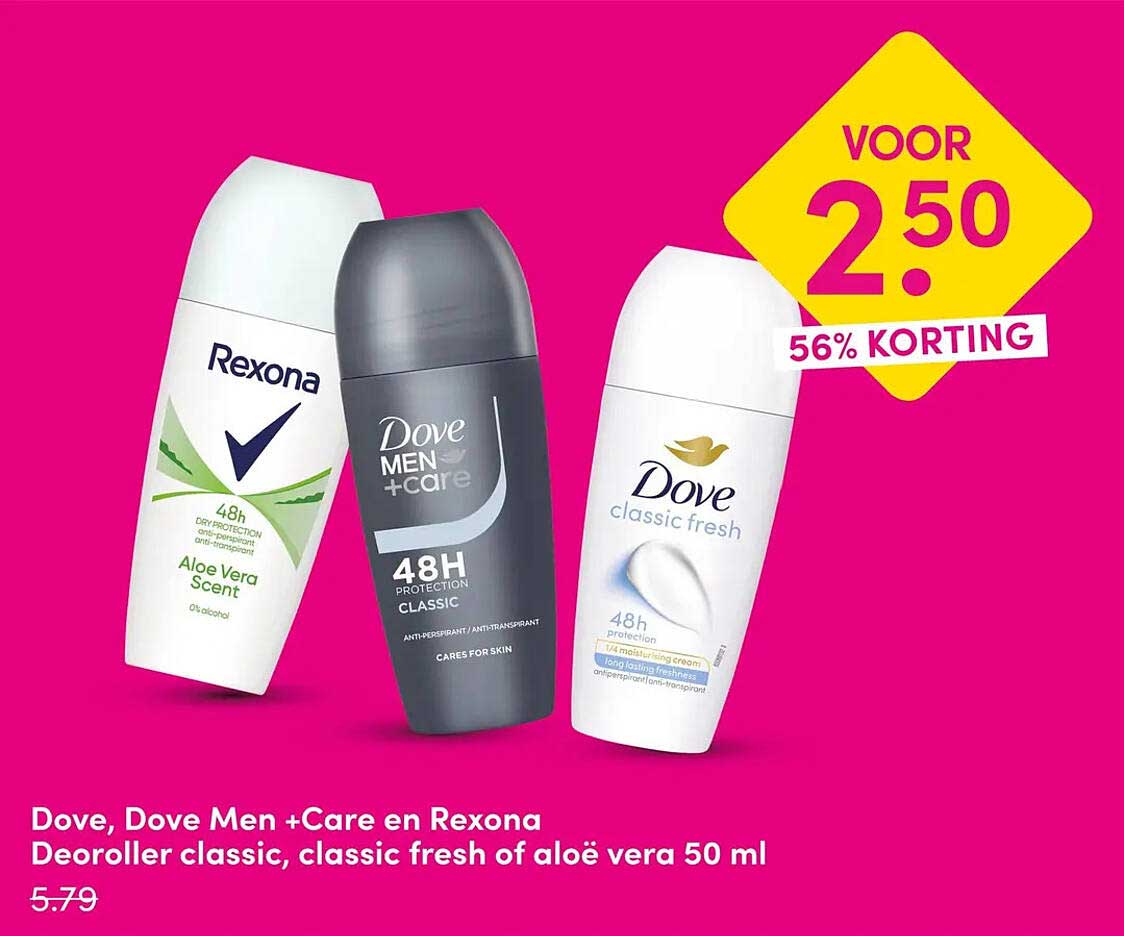 Dove, Dove Men +Care en Rexona Deoroller classic, classic fresh of aloë vera 50 ml 56% KORTING