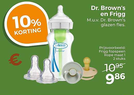 Dr. Brown’s en Frigg M.u.v. Dr. Brown’s glazen fles. 10% KORTING