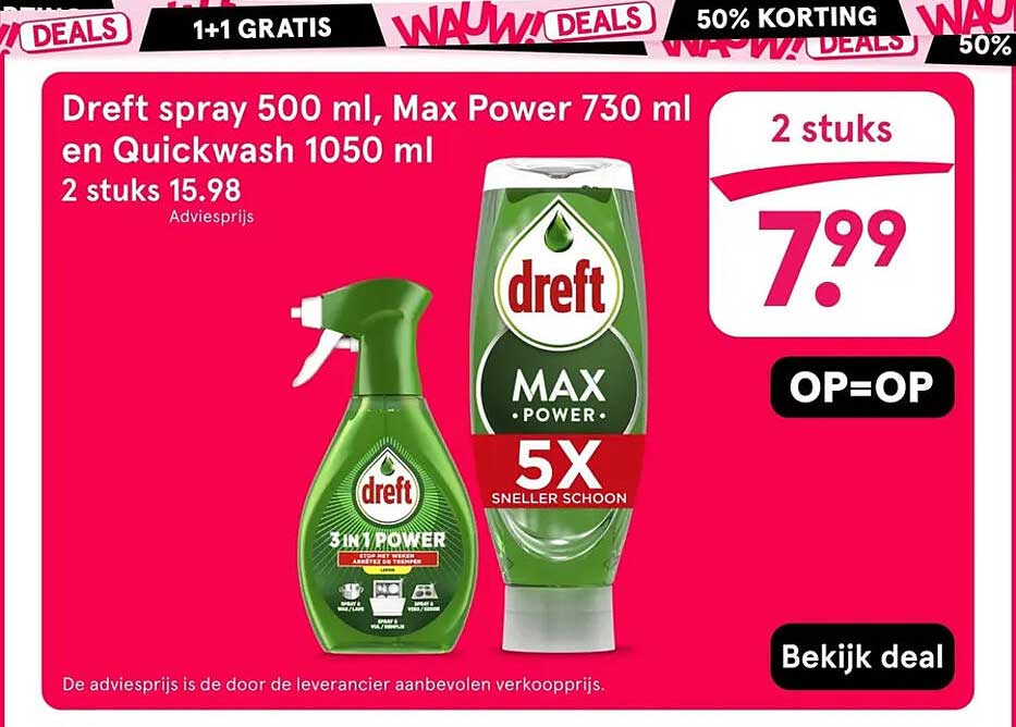 Dreft spray 500 ml, Max Power 730 ml en Quickwash 1050 ml 2 stuks 15.98