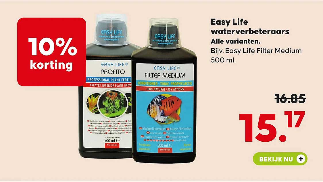 Easy Life waterveteraarers Alle varianten. Bijv. Easy Life Filter Medium 500 ml.