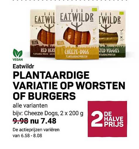 Eatwildr PLANTAARDIGE VARIATIE OP WORSTEN OF BURGERS 2e halve prijs