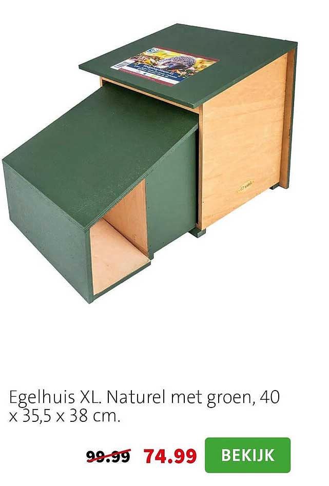 Egelhuis XL. Naturel met groen, 40 x 35,5 x 38 cm.