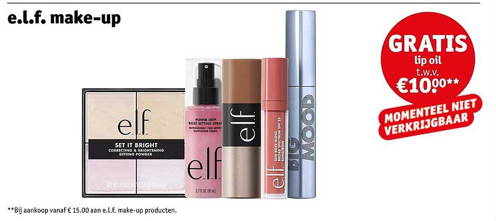 e.l.f. make-up GRATIS lip oil t.w.v. €10,00**