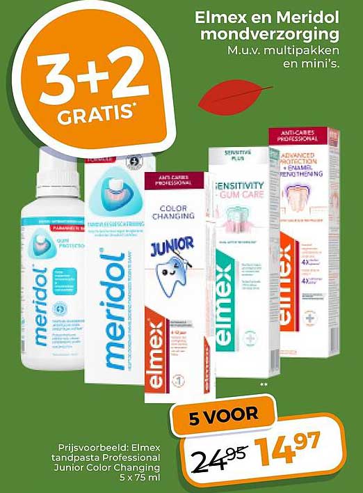 Elmex en Meridol mondverzorging M.u.v. multipakken en mini's. 3+2 GRATIS