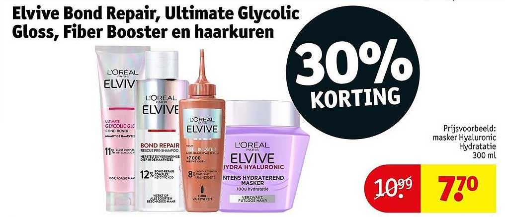 Elvive Bond Repair, Ultimate Glycolic Gloss, Fiber Booster en haaruren 30% KORTING