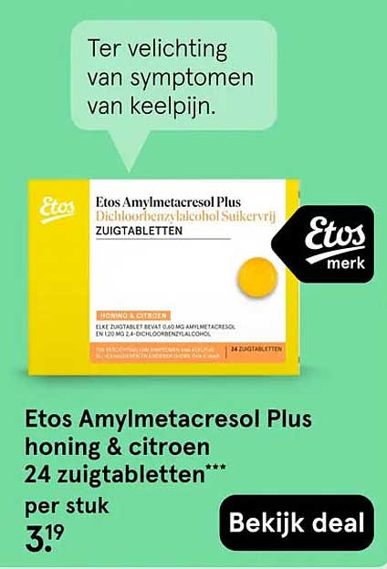 Etos Amylmetacresol Plus honing & citroen 24 zuigtabletten*** per stuk