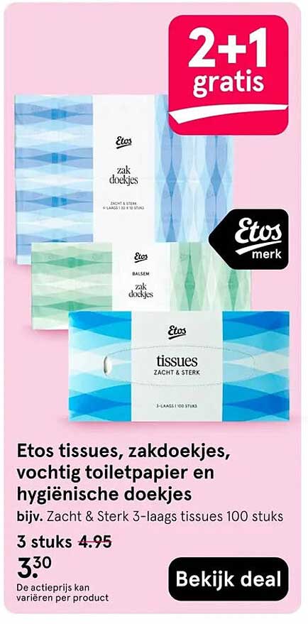 Etos tissues, zakdoekjes, vochtig toiletpapier en hygiënische doekjes 2+1 gratis