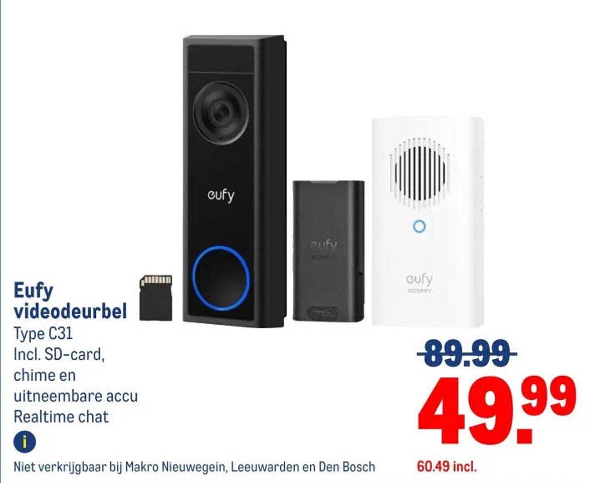 Eufy videodeurbel Type C31 Incl. SD-card, chime en uitneembare accu Realtime chat