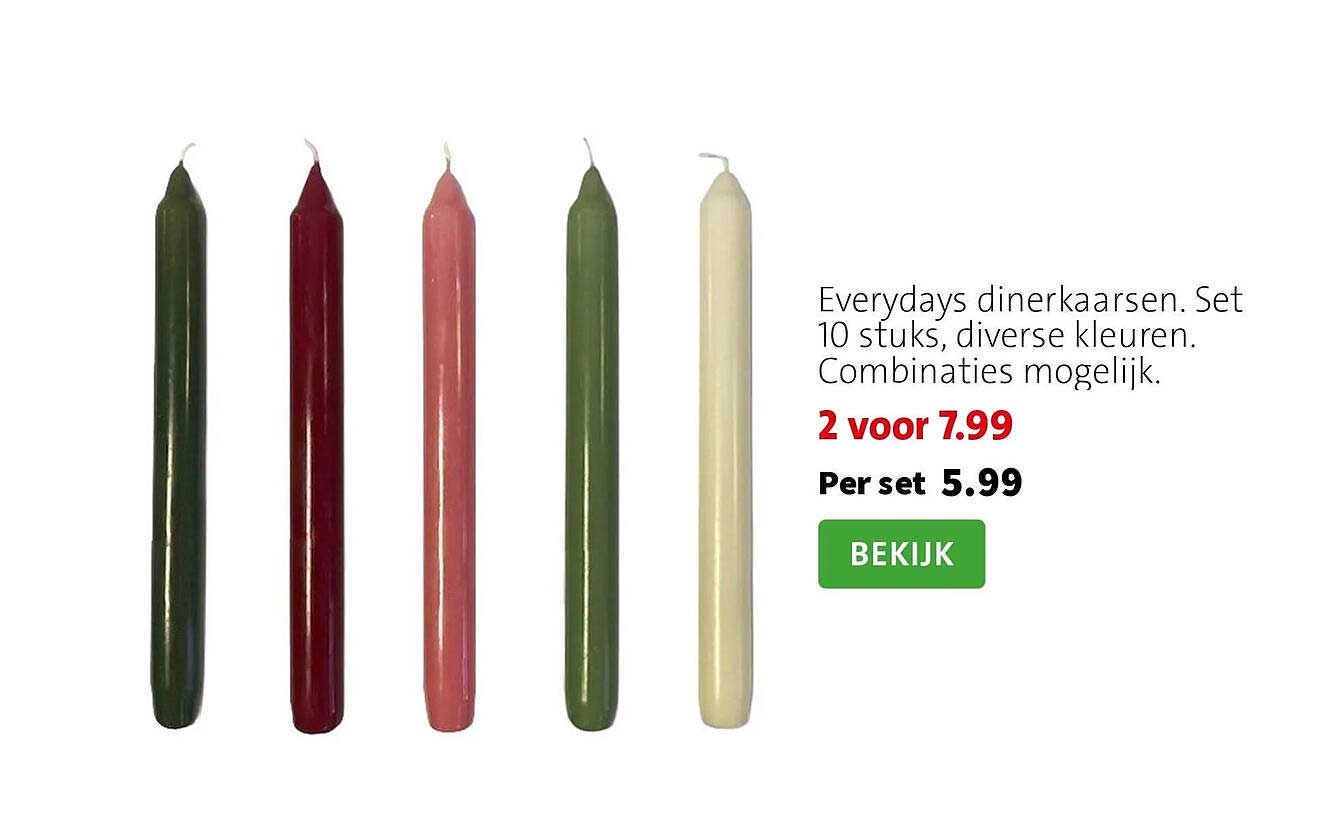 Everydays dinerkaarsen. Set 10 stuks, diverse kleuren. Combinaties mogelijk. 2 voor 7.99