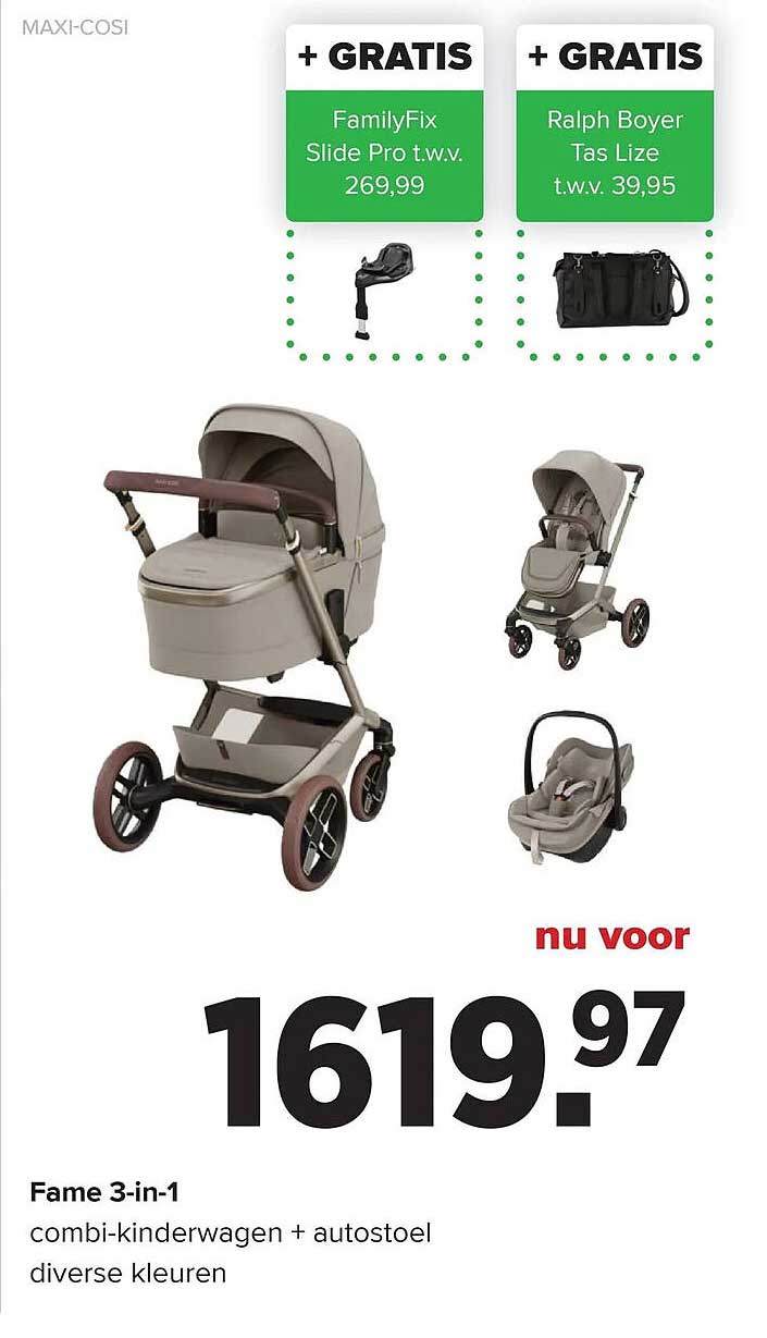 Fame 3-in-1 combi-kinderwagen + autostoel diverse kleuren + GRATIS FamilyFix Slide Pro t.w.v. 269,99 + GRATIS Ralph Boyer Tas Lize t.w.v. 39,95