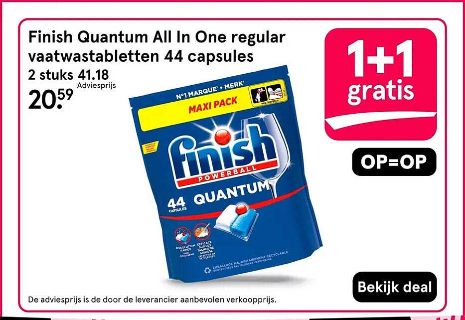 Finish Quantum All In One regular vaatwastabletten 44 capsules 1+1 gratis